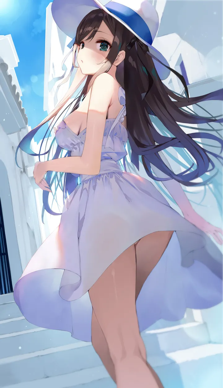 1girl,ribbon,medium_breasts,breasts,sideboob,underwear,panties,bangs,see-through,solo,feet_out_of_frame,stairs,looking_back,thighs,sky,sun_hat,sundress,hair_ribbon,ass,hat,parted_lips,outdoors,swept_bangs,sleeveless,sleeveless_dress,brown_hair,day,white_headwear,white_dress,looking_at_viewer,vertical,standing,green_eyes,from_behind,blush,blue_sky,blue_eyes,bare_arms,large_breasts,dress,long_hair,see-through_silhouette,bare_shoulders,floating_hair,black_hair