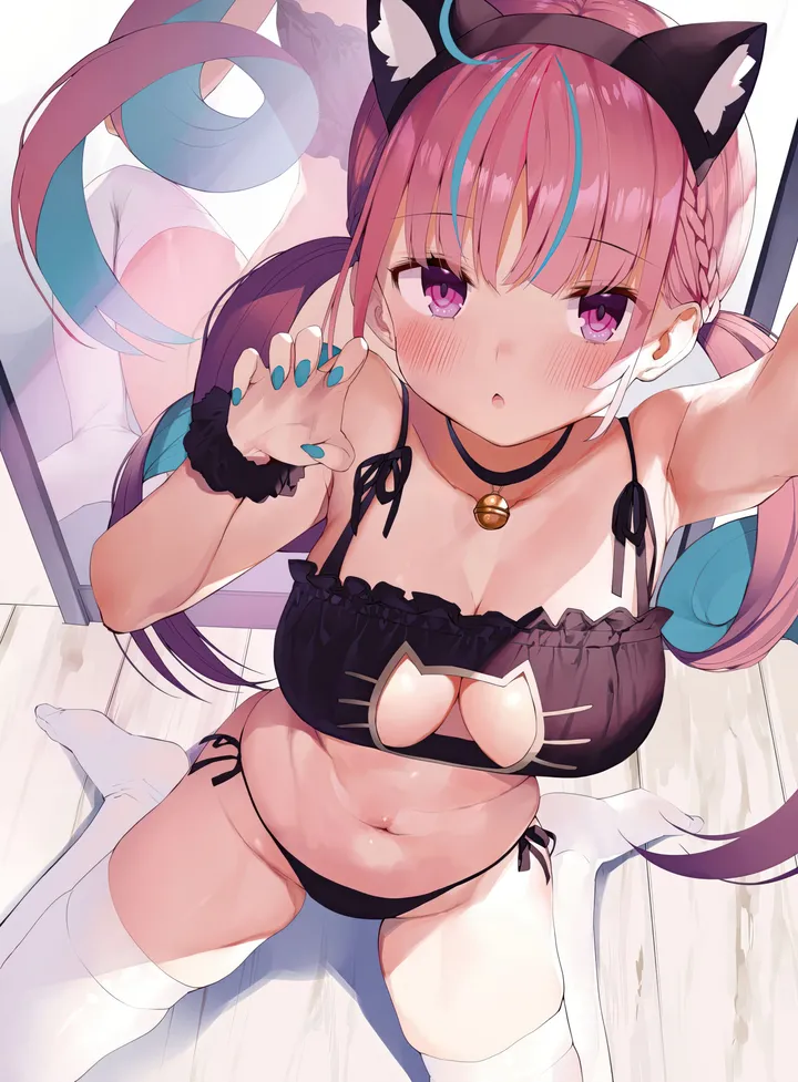 1girl,virtual_youtuber,braid,breasts,cleavage,underwear_only,side-tie_panties,animal_ears,colored_inner_hair,underwear,panties,bangs,fake_animal_ears,solo,cat_ear_panties,two-tone_hair,twintails,reflection,wrist_scrunchie,hairband,ahoge,claw_pose,sitting,multicolored_hair,meme_attire,thighs,sidelocks,stomach,parted_lips,scrunchie,nail_polish,streaked_hair,no_shoes,cat_cutout,cat_lingerie,cat_ears,jingle_bell,white_thighhighs,looking_at_viewer,vertical,pink_hair,purple_hair,purple_eyes,animal_ear_fluff,navel,bra,blush,armpits,selfie,frills,frilled_bra,blue_hair,blue_nails,clothing_cutout,large_breasts,thighhighs,bell,neck_bell,collarbone,mirror,long_hair,cleavage_cutout,bare_shoulders,choker,wariza,black_panties,black_bra,black_choker