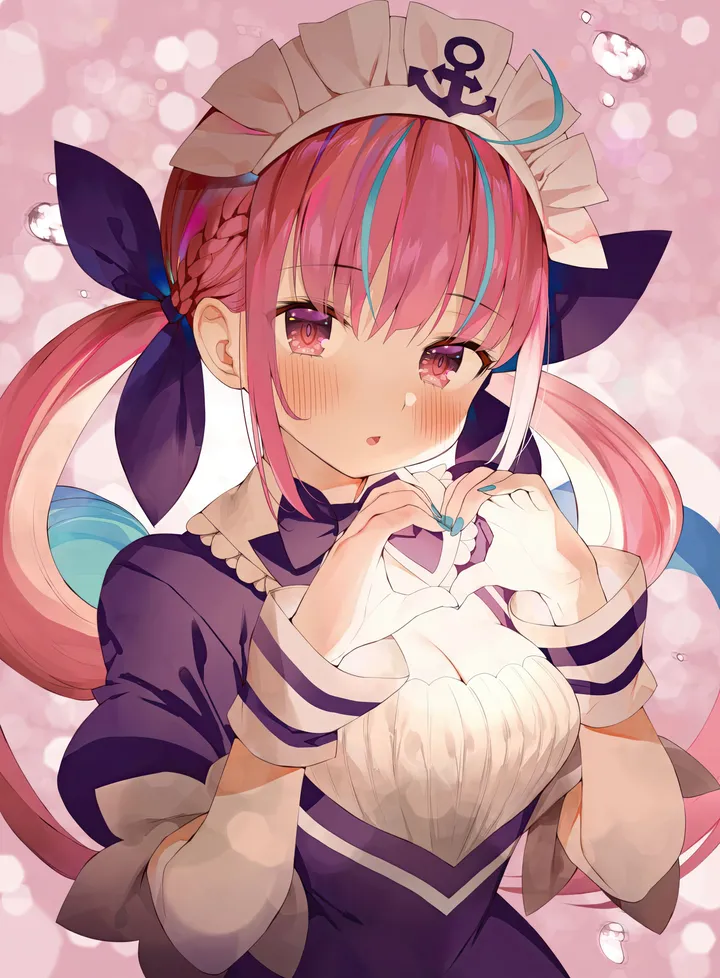 1girl,virtual_youtuber,braid,ribbon,medium_breasts,breasts,cleavage,upper_body,colored_inner_hair,bangs,solo,heart_hands,two-tone_hair,twintails,ahoge,multicolored_hair,hair_ribbon,sidelocks,maid,maid_headdress,parted_lips,heart,nail_polish,streaked_hair,looking_at_viewer,short_sleeves,vertical,pink_hair,wrist_cuffs,purple_hair,purple_eyes,blush,blue_hair,blue_nails,blue_bow,blue_dress,puffy_short_sleeves,puffy_sleeves,bow,dress,anchor_symbol,long_hair,bowtie