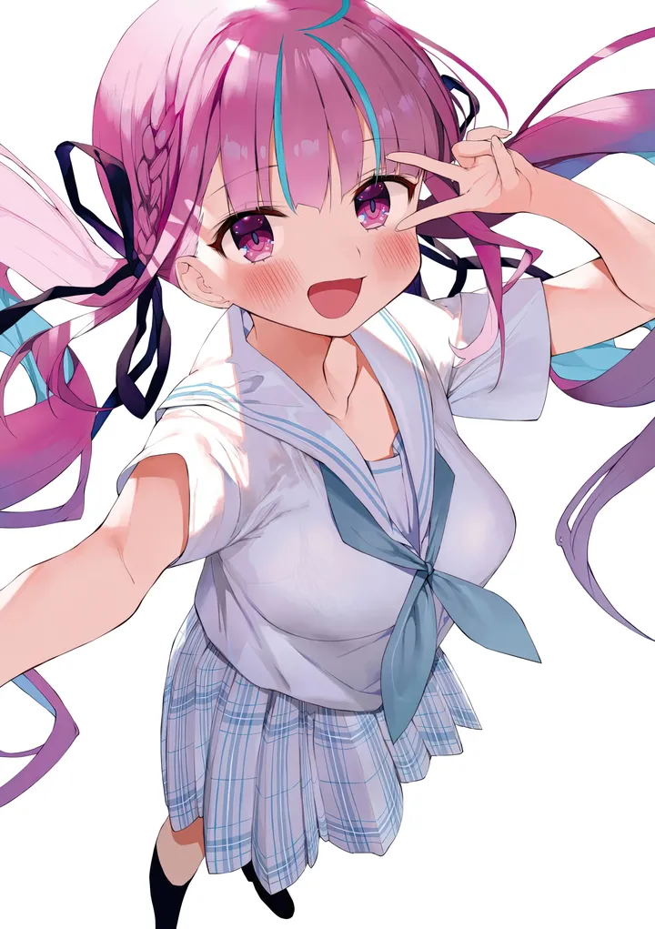 1girl,virtual_youtuber,braid,neckerchief,ribbon,medium_breasts,arm_up,breasts,from_above,colored_inner_hair,bangs,see-through,solo,two-tone_hair,twintails,ahoge,v_over_eye,multicolored_hair,hair_ribbon,open_mouth,very_long_hair,streaked_hair,simple_background,school_uniform,plaid,plaid_skirt,foreshortening,v,serafuku,sailor_collar,white_sailor_collar,white_background,white_shirt,pleated_skirt,blunt_bangs,looking_at_viewer,short_sleeves,skirt,vertical,standing,smile,pink_hair,purple_hair,purple_eyes,blush,selfie,blue_neckerchief,blue_hair,shirt,socks,collarbone,long_hair,black_ribbon