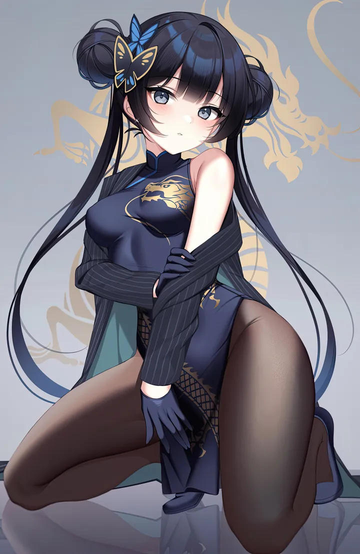 1girl,double_bun,chinese_clothes,medium_breasts,breasts,full_body,bangs,half_gloves,solo,twintails,reflective_floor,reflection,closed_mouth,hair_bun,thighs,hair_ornament,jacket,very_long_hair,gloves,china_dress,pelvic_curtain,sleeveless,sleeveless_dress,striped,striped_dress,brown_pantyhose,grey_eyes,looking_at_viewer,vertical,blush,butterfly_hair_ornament,open_clothes,kneeling,dress,pantyhose,long_hair,long_sleeves,bare_shoulders,off_shoulder,black_hair,black_jacket,black_gloves,black_dress,black_pantyhose,black_footwear