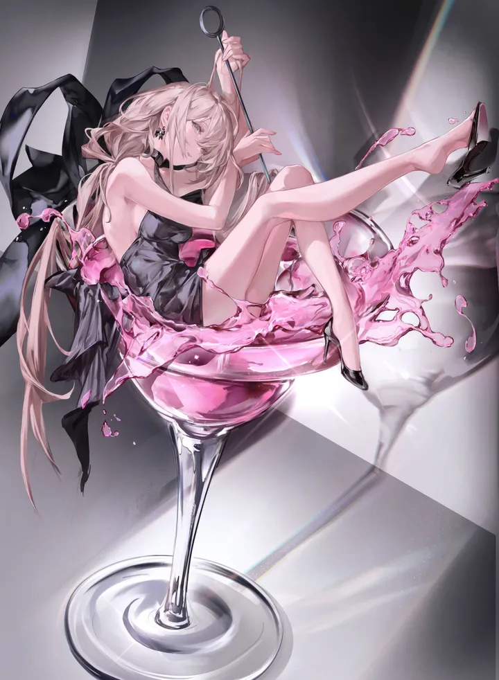 1girl,single_shoe,breasts,from_side,full_body,bangs,solo,legs,closed_mouth,sitting,very_long_hair,holding,sleeveless_dress,cup,grey_eyes,jewelry,shoe_dangle,looking_at_viewer,vertical,wine_glass,earrings,bare_legs,bare_arms,in_container,in_cup,oversized_object,dress,drinking_glass,blonde_hair,long_hair,bare_shoulders,halter_dress,backless_dress,shoes,choker,high_heels,cocktail_glass,black_dress,black_footwear,black_choker