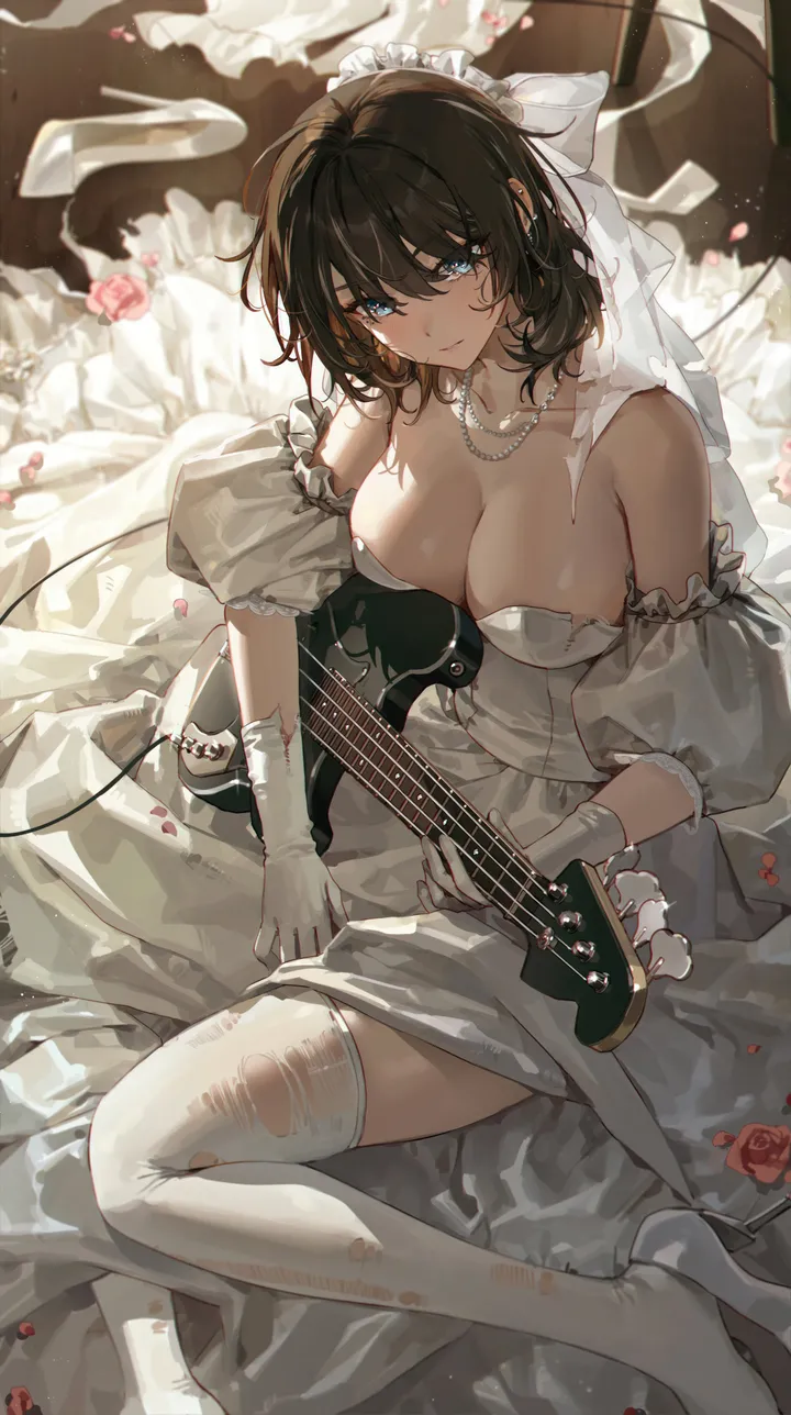 1girl,detached_sleeves,medium_hair,instrument,breasts,cleavage,bangs,solo,guitar,closed_mouth,sitting,wedding_dress,bridal_veil,gloves,holding,bride,strapless,strapless_dress,brown_hair,rose,pearl_necklace,jewelry,electric_guitar,white_gloves,white_thighhighs,white_dress,white_footwear,looking_at_viewer,short_hair,torn_clothes,torn_thighhighs,vertical,petals,blue_eyes,large_breasts,thighhighs,dress,collarbone,bare_shoulders,veil,necklace,high_heels,flower,black_hair