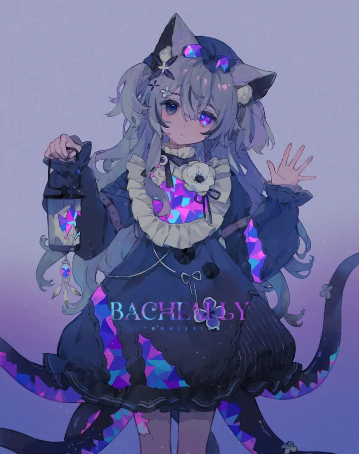 1girl,animal_ears,bangs,solo,closed_mouth,hair_ornament,two_side_up,tail,hat,heterochromia,holding_lantern,holding,waving,lantern,grey_hair,cat_girl,cat_tail,cat_ears,looking_at_viewer,vertical,purple_eyes,animal_ear_fluff,frills,blue_eyes,dress,long_hair,long_sleeves,black_dress