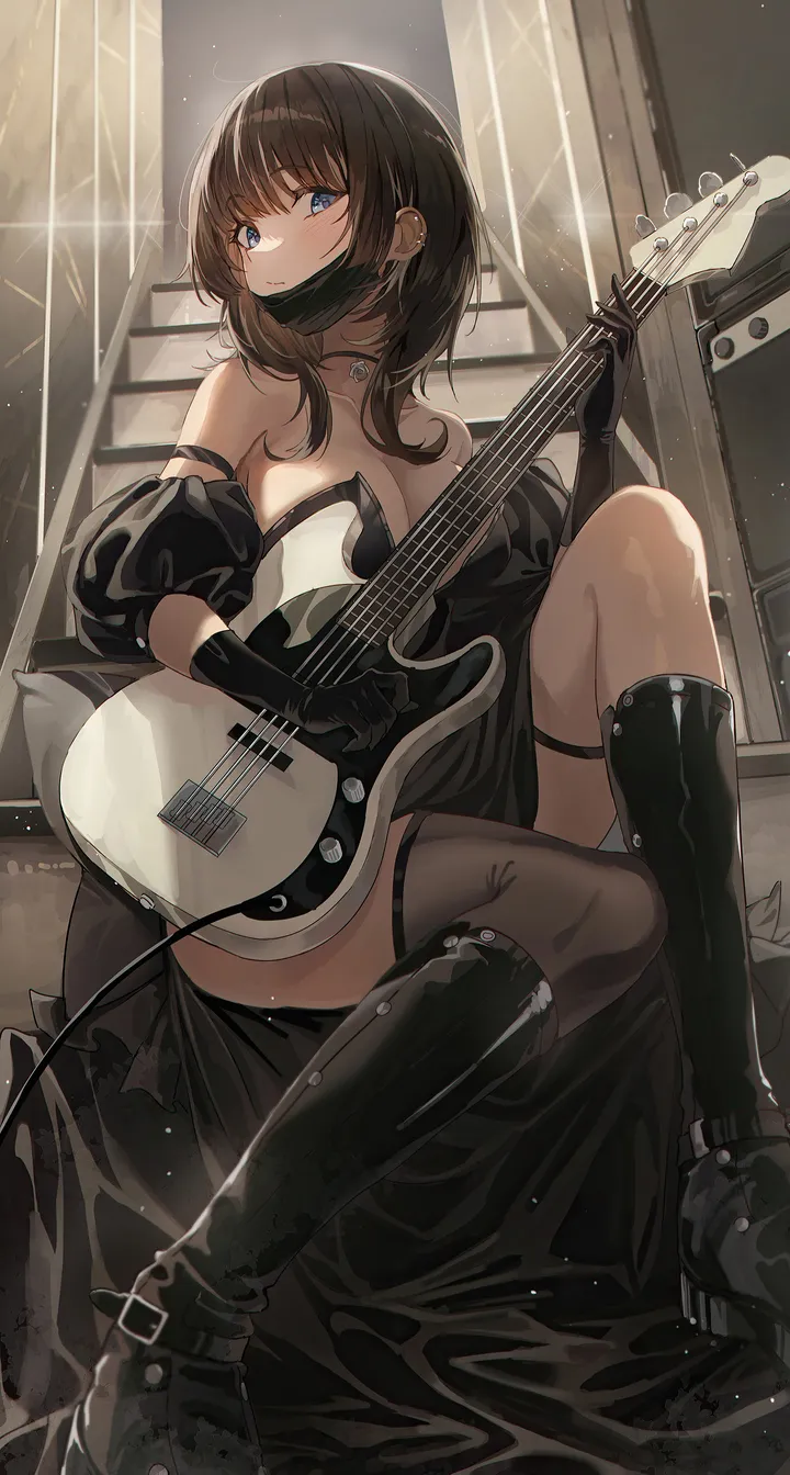 1girl,detached_sleeves,medium_breasts,medium_hair,instrument,breasts,cleavage,bangs,solo,single_thighhigh,knee_boots,mouth_mask,guitar,sitting,thighs,indoors,parted_lips,gloves,holding_instrument,holding,strapless,strapless_dress,brown_hair,jewelry,electric_guitar,looking_at_viewer,piercing,ear_piercing,vertical,earrings,blue_eyes,puffy_sleeves,large_breasts,thighhighs,dress,long_hair,boots,bare_shoulders,mask,choker,necklace,high_heel_boots,high_heels,black_hair,black_gloves,black_thighhighs,black_dress,black_footwear