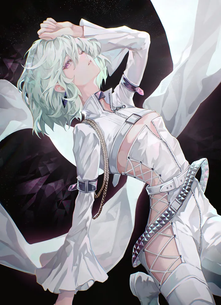 1boy,otoko_no_ko,solo,parted_lips,androgynous,zipper,jewelry,male_focus,belt,looking_at_viewer,short_hair,vertical,purple_eyes,green_hair,bishounen,long_sleeves