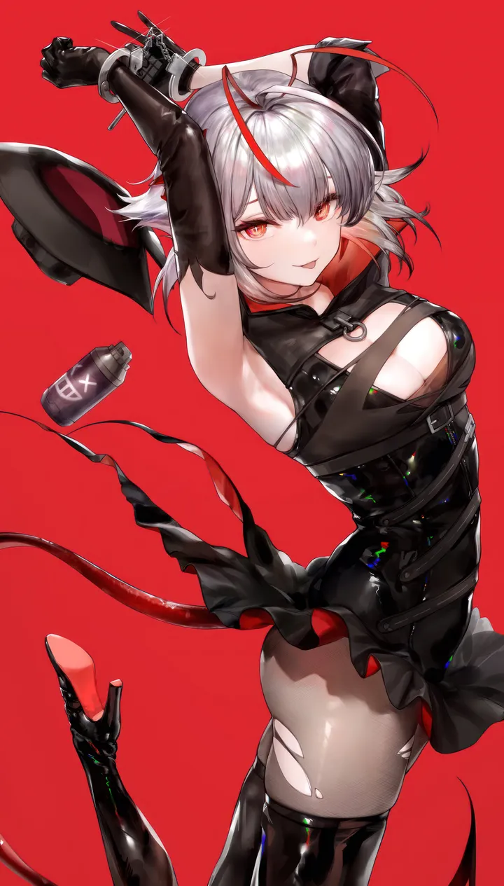 1girl,medium_breasts,arms_up,breasts,cleavage,bangs,solo,leg_up,tongue_out,multicolored_hair,tail,ass,demon_tail,gloves,handcuffs,simple_background,grey_hair,looking_at_viewer,short_hair,torn_clothes,vertical,smile,red_hair,red_eyes,red_background,armpits,tongue,clothing_cutout,horns,twisted_torso,thighhighs,dress,pantyhose,cuffs,elbow_gloves,boots,cleavage_cutout,thigh_boots,high_heels,black_gloves,black_dress,black_footwear