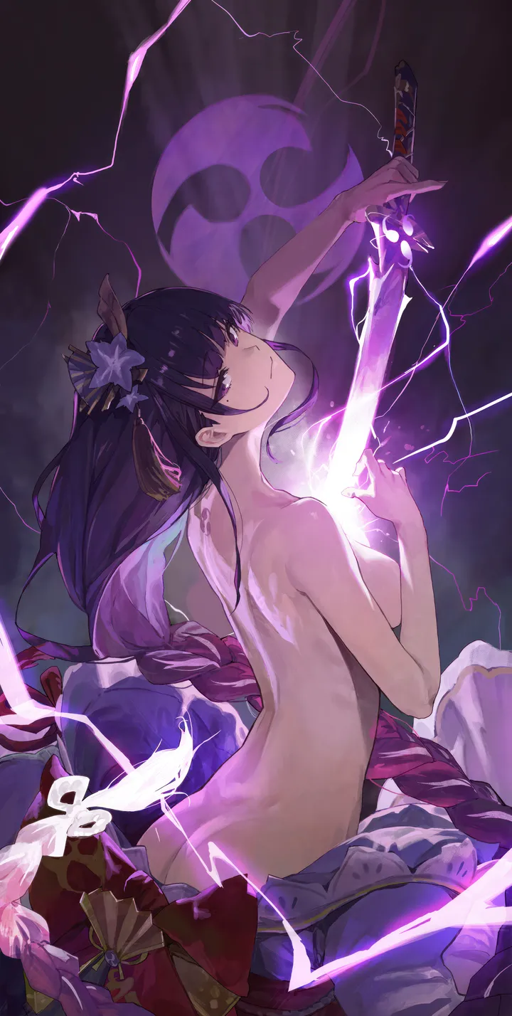 1girl,braid,breasts,human_scabbard,bangs,sword,solo,back,kimono,closed_mouth,looking_back,hair_flower,hair_ornament,ass,tomoe_symbol,very_long_hair,holding_sword,holding_weapon,drawing_sword,holding,electricity,mitsudomoe_shape,japanese_clothes,katana,weapon,mole_under_eye,mole,looking_at_viewer,vertical,smile,purple_kimono,purple_hair,purple_eyes,purple_flower,nude,large_breasts,long_hair,flower,braided_ponytail