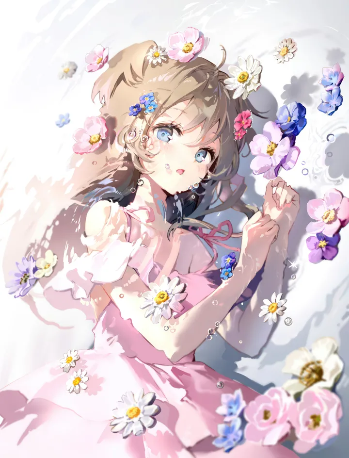 1girl,on_side,bangs,solo,hands_up,hair_flower,hair_ornament,hair_between_eyes,open_mouth,parted_lips,sleeveless_dress,brown_hair,water,water_drop,bubble,white_flower,looking_at_viewer,vertical,pink_flower,pink_dress,blush,blue_eyes,blue_flower,lying,dress,long_hair,bare_shoulders,flower