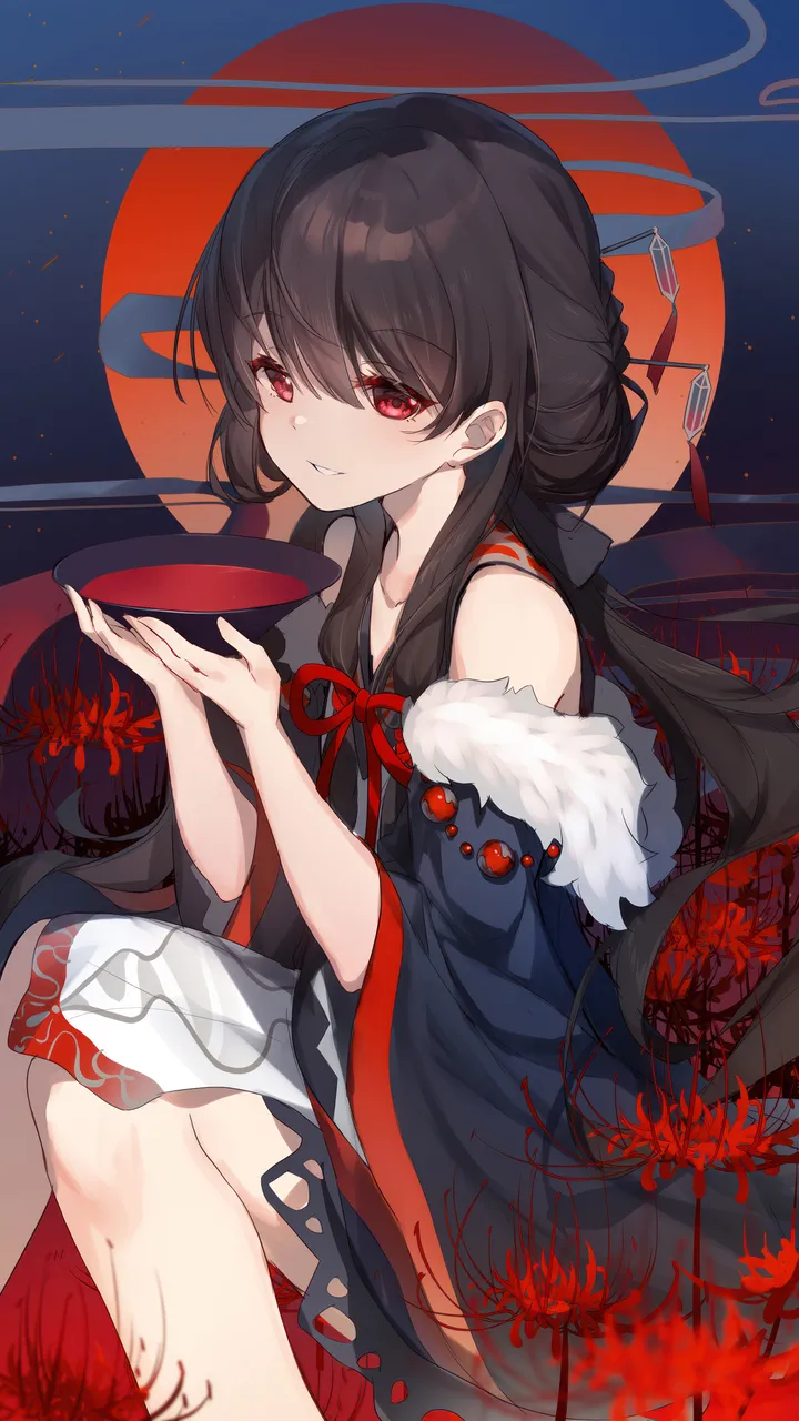 1girl,bangs,solo,hands_up,feet_out_of_frame,sitting,hair_ornament,wide_sleeves,spider_lily,parted_lips,holding_cup,holding,moon,cup,fur_trim,looking_at_viewer,vertical,smile,red_eyes,red_flower,dress,sakazuki,collarbone,long_hair,long_sleeves,bare_shoulders,off_shoulder,flower,black_hair