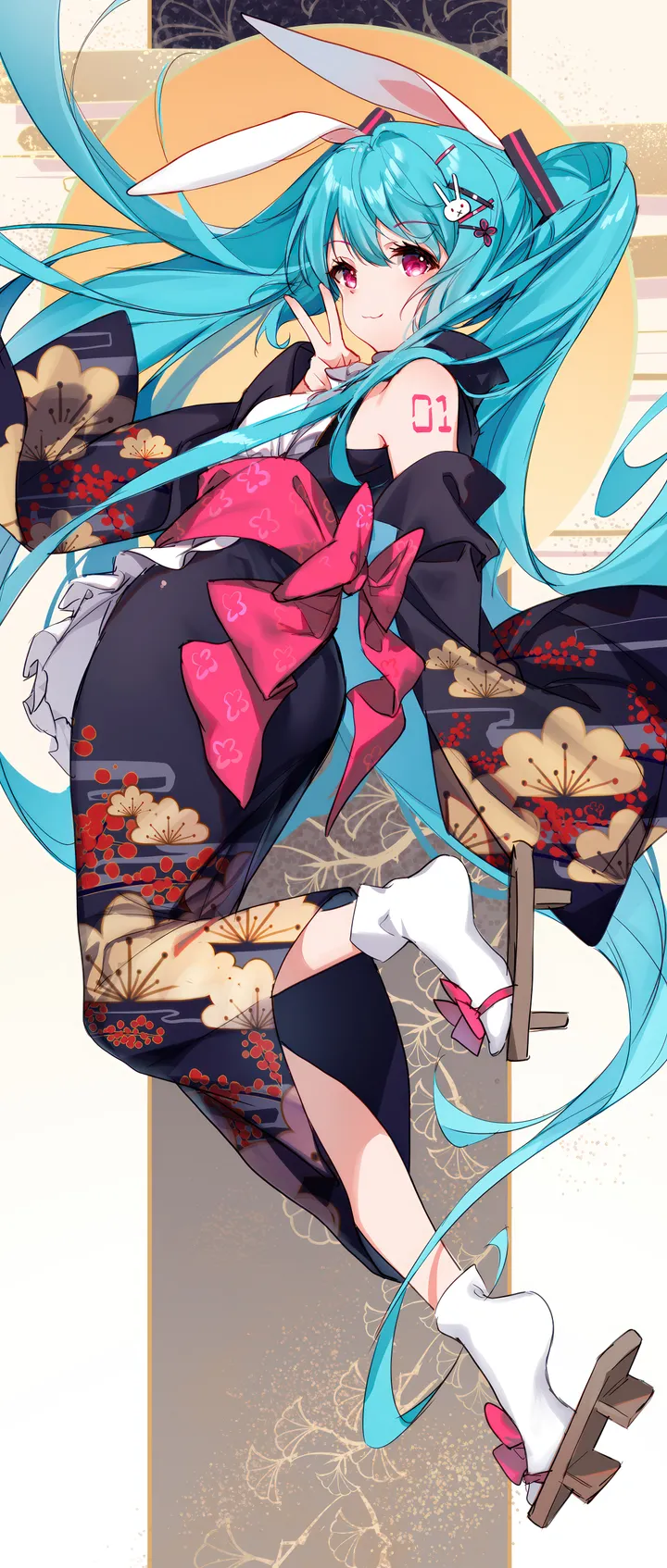 1girl,detached_sleeves,from_side,rabbit_ears,full_body,animal_ears,bangs,solo,twintails,kimono,obi,closed_mouth,hair_ornament,wide_sleeves,egasumi,very_long_hair,sleeveless,japanese_clothes,sash,tabi,geta,aqua_hair,white_socks,looking_at_viewer,vertical,smile,pink_eyes,pink_bow,tattoo,back_bow,floral_print,frills,blue_hair,bow,socks,long_hair,long_sleeves,bare_shoulders,black_kimono,black_sleeves