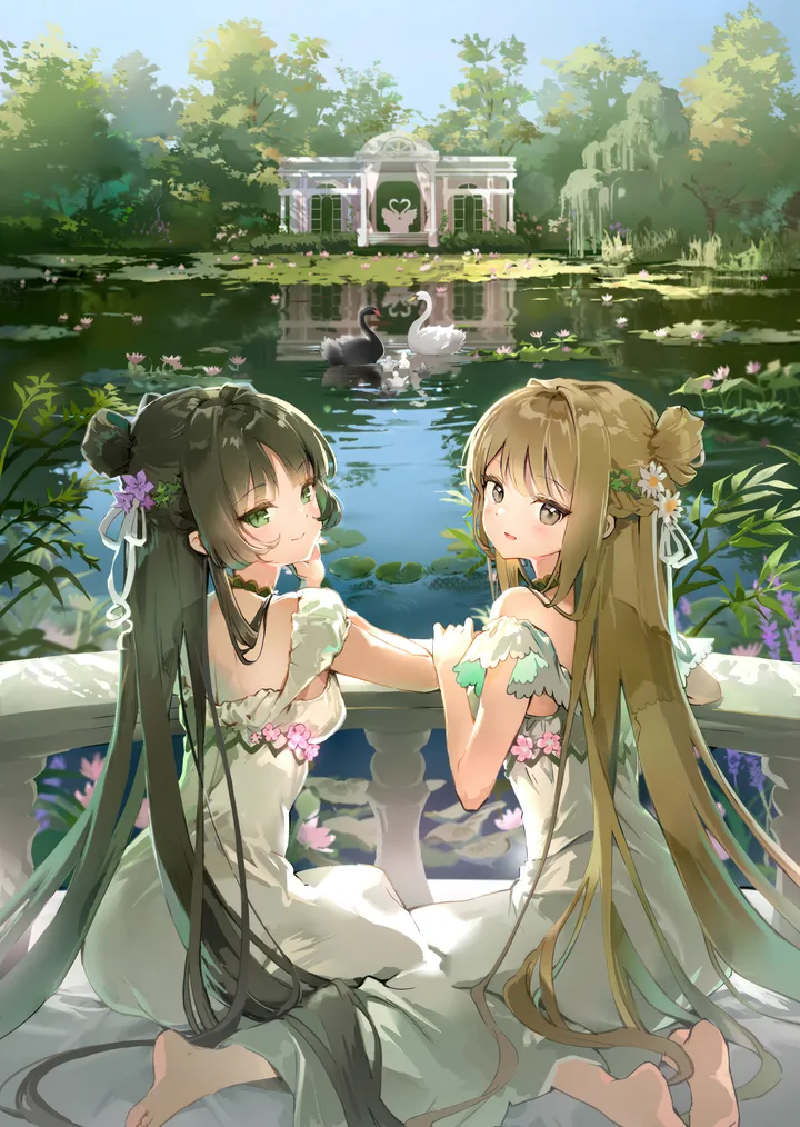 2girls,ribbon,breasts,bangs,single_hair_bun,closed_mouth,looking_back,hair_bun,sitting,multiple_girls,hair_flower,hair_ribbon,hair_ornament,very_long_hair,parted_lips,outdoors,sleeveless_dress,tree,brown_hair,brown_eyes,water,day,white_dress,looking_at_viewer,vertical,smile,green_eyes,soles,barefoot,hair_intakes,dress,long_hair,bare_shoulders,flower,torii,wariza,black_hair