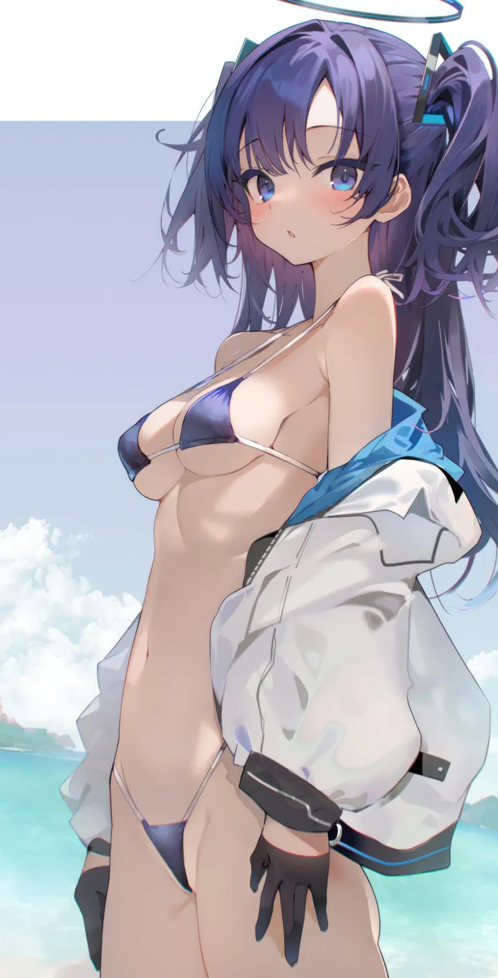 1girl,cowboy_shot,medium_breasts,breasts,cloud,from_side,bangs,jacket_partially_removed,solo,two-tone_jacket,multicolored_jacket,thighs,halo,sky,jacket,two_side_up,stomach,strap_gap,parted_lips,outdoors,gloves,bikini,swimsuit,ocean,beach,day,white_jacket,looking_at_viewer,vertical,standing,string_bikini,purple_hair,navel,blush,blue_sky,blue_bikini,blue_eyes,open_jacket,open_clothes,micro_bikini,long_hair,long_sleeves,bare_shoulders,off_shoulder,black_gloves