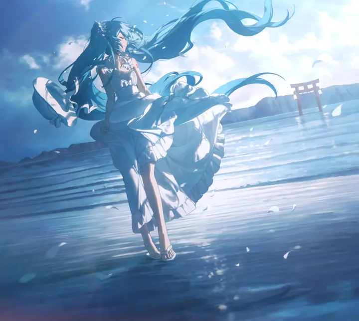 1girl,cloud,full_body,sandals,solo,closed_eyes,twintails,reflection,cloudy_sky,sky,sun_hat,sundress,hat,very_long_hair,outdoors,headwear_removed,hat_removed,sleeveless,sleeveless_dress,water,aqua_hair,day,white_dress,vertical,standing_on_liquid,standing,petals,frills,frilled_dress,blue_sky,blue_hair,bare_arms,dress,long_hair,wind,floating_hair,torii