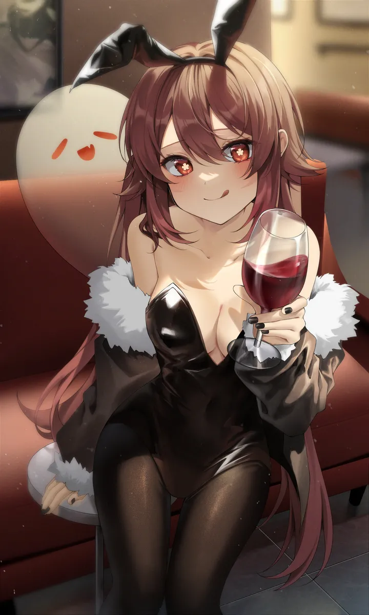 1girl,medium_breasts,breasts,cleavage,playboy_bunny,rabbit_ears,animal_ears,bangs,fake_animal_ears,solo,twintails,tongue_out,sitting,jacket,indoors,ghost,hair_between_eyes,very_long_hair,holding_cup,holding,nail_polish,strapless,strapless_leotard,cup,brown_hair,brown_pantyhose,fur_trim,fur-trimmed_jacket,couch,looking_at_viewer,alternate_costume,vertical,smile,symbol-shaped_pupils,leotard,red_eyes,wine_glass,blush,tongue,flower-shaped_pupils,wine,open_jacket,open_clothes,pantyhose,alcohol,drinking_glass,collarbone,long_hair,long_sleeves,bare_shoulders,off_shoulder,black_jacket,black_nails,black_pantyhose,black_leotard