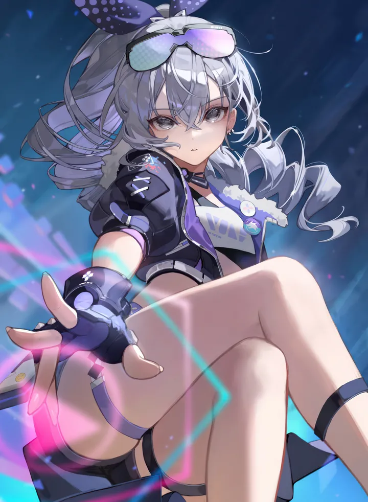 1girl,crossed_legs,bangs,solo,twin_drills,sitting,sunglasses,thigh_strap,jacket,hair_between_eyes,gloves,fingerless_gloves,grey_hair,grey_eyes,looking_at_viewer,eyewear_on_head,short_sleeves,shorts,vertical,drill_hair,long_hair,ponytail,black_jacket,black_gloves,black_shorts