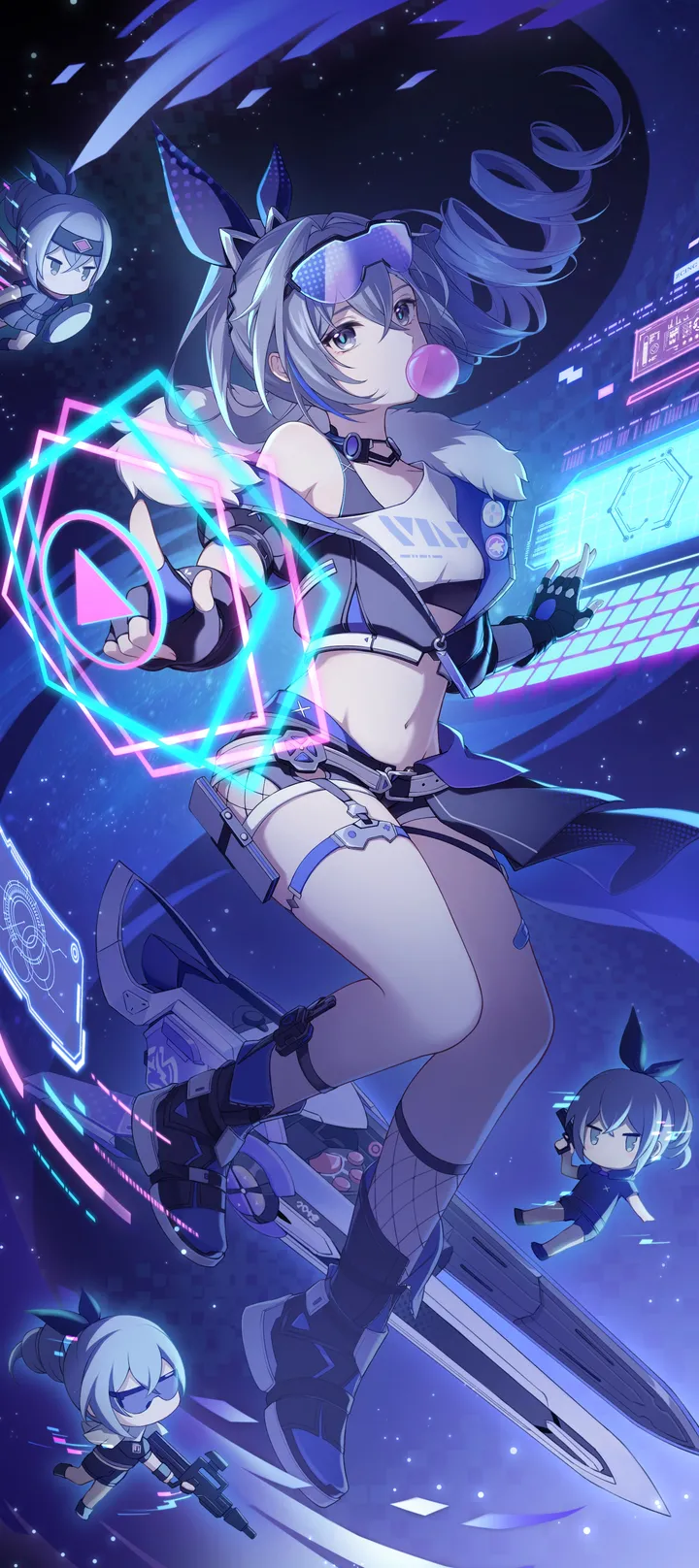 1girl,full_body,solo,twin_drills,chewing_gum,bubble_blowing,thigh_strap,jacket,gloves,fingerless_gloves,gun,weapon,fishnets,grey_hair,grey_eyes,white_shirt,looking_at_viewer,eyewear_on_head,shorts,vertical,navel,shirt,socks,drill_hair,long_hair,midriff,bare_shoulders,off_shoulder,crop_top,choker,black_jacket,black_gloves