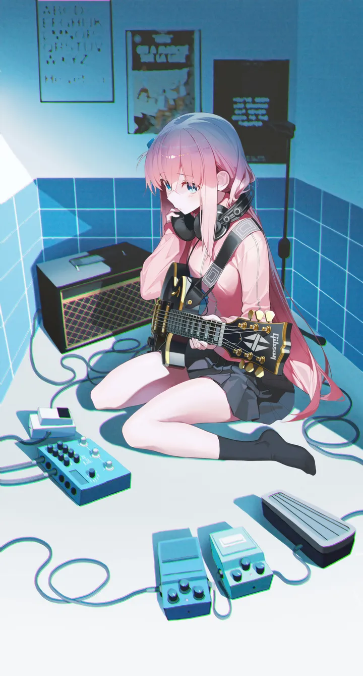 1girl,instrument,full_body,bangs,solo,one_side_up,guitar,closed_mouth,sitting,hair_ornament,headphones,jacket,indoors,hair_between_eyes,holding_instrument,holding,no_shoes,grey_skirt,electric_guitar,gibson_les_paul,pleated_skirt,skirt,cube_hair_ornament,vertical,pink_hair,pink_jacket,cable,blue_eyes,socks,track_jacket,long_hair,long_sleeves,amplifier,wariza,black_skirt,black_socks