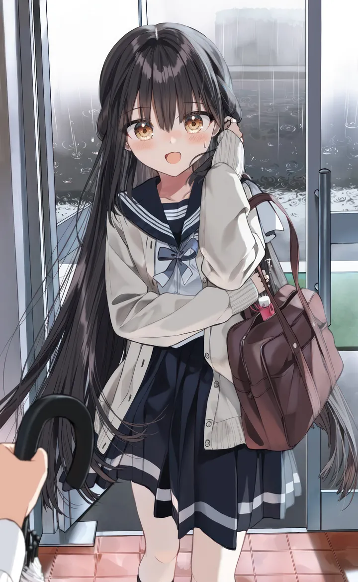 1girl,school_bag,bangs,bag,solo_focus,indoors,hair_between_eyes,open_cardigan,cardigan,open_mouth,very_long_hair,hand_up,holding,holding_umbrella,closed_umbrella,school_uniform,brown_cardigan,brown_eyes,serafuku,sailor_collar,grey_cardigan,white_shirt,pleated_skirt,looking_at_viewer,skirt,window,vertical,standing,smile,pov,blush,blue_bow,puffy_long_sleeves,bow,shirt,sleeves_past_wrists,socks,open_clothes,long_hair,long_sleeves,rain,umbrella,black_hair,black_sailor_collar,black_skirt