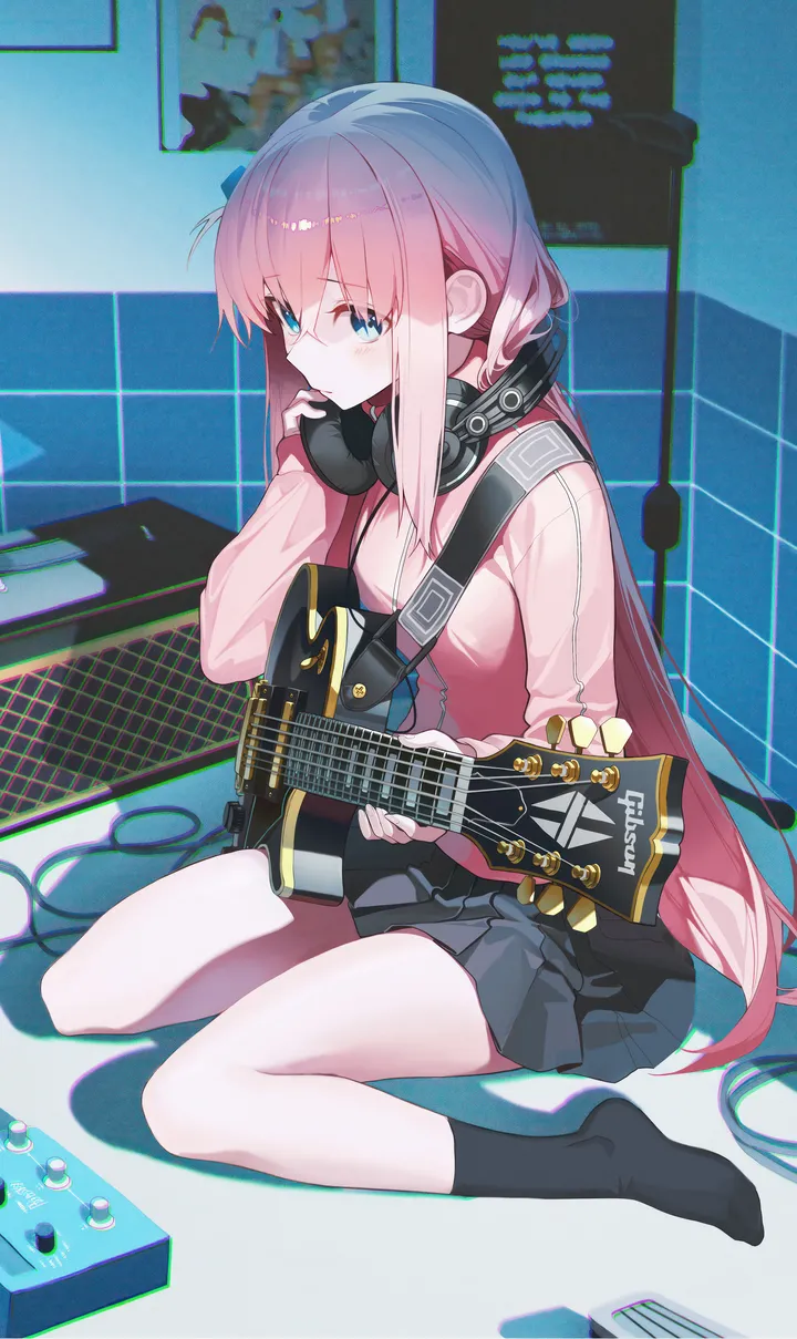 1girl,instrument,breasts,bangs,solo,one_side_up,guitar,sitting,hair_ornament,headphones,jacket,indoors,hair_between_eyes,holding_instrument,holding,no_shoes,grey_skirt,electric_guitar,gibson_les_paul,pleated_skirt,looking_at_viewer,skirt,cube_hair_ornament,vertical,pink_hair,pink_jacket,cable,headphones_around_neck,blue_eyes,socks,track_jacket,long_hair,long_sleeves,amplifier,wariza,black_skirt,black_socks