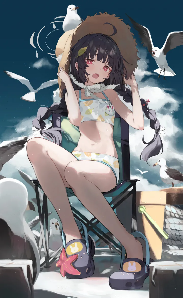 1girl,braid,twin_braids,cloud,full_body,bangs,solo,hands_up,hands_on_headwear,leaf,ahoge,sitting,sky,sun_hat,bird_on_head,stomach,hat,open_mouth,outdoors,slippers,chair,bikini,swimsuit,starfish,beach,seagull,day,white_bikini,looking_at_viewer,vertical,red_eyes,navel,straw_hat,bare_legs,bare_arms,small_breasts,long_hair,bare_shoulders,bird,black_hair