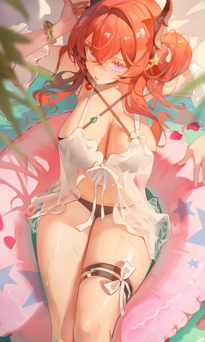 1girl,detached_sleeves,arm_up,breasts,cleavage,criss-cross_halter,bangs,solo,sitting,thighs,thigh_strap,hair_ornament,official_alternate_costume,hair_between_eyes,bracelet,star_symbol,star_hair_ornament,cherry,bikini,fruit,innertube,swimsuit,swimsuit_cover-up,jewelry,mouth_hold,looking_at_viewer,vertical,purple_eyes,red_hair,halterneck,petals,horns,large_breasts,hair_intakes,long_hair,bare_shoulders,hair_rings,food,black_bikini