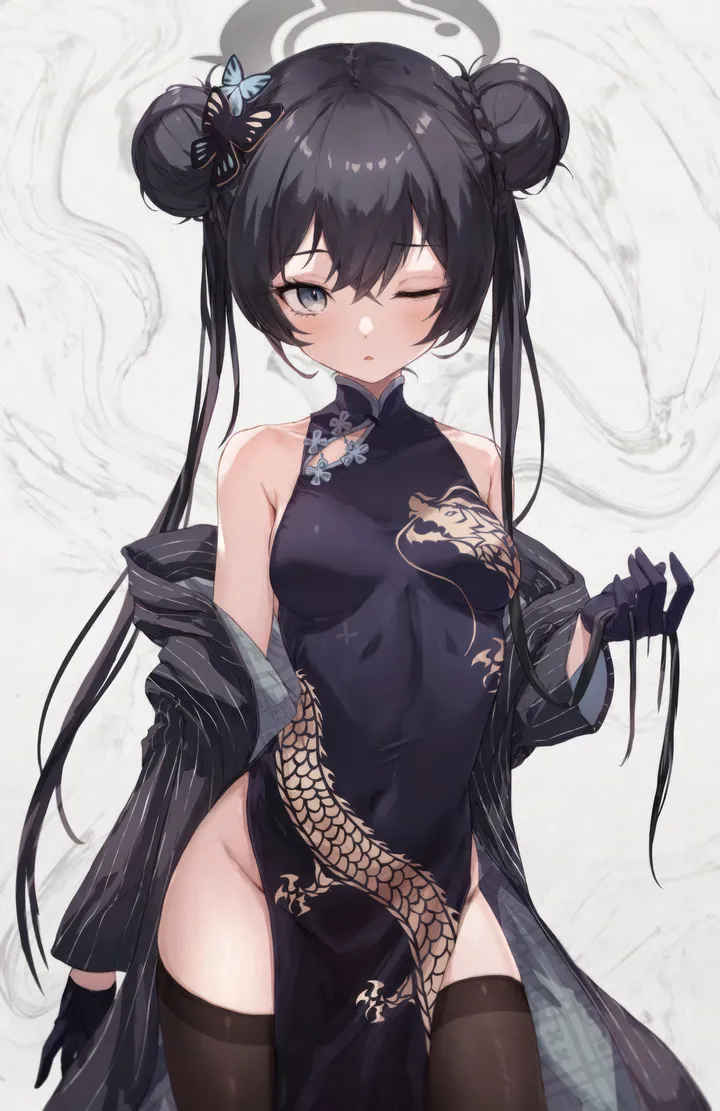 1girl,double_bun,cowboy_shot,no_panties,chinese_clothes,breasts,bangs,half_gloves,solo,twintails,hair_bun,thighs,halo,hair_ornament,hair_between_eyes,very_long_hair,parted_lips,gloves,hand_up,holding,china_dress,pelvic_curtain,sleeveless,sleeveless_dress,striped,brown_thighhighs,looking_at_viewer,vertical,standing,groin,blush,blue_eyes,butterfly_hair_ornament,open_clothes,small_breasts,braided_bun,thighhighs,dress,long_hair,long_sleeves,one_eye_closed,covered_navel,bare_shoulders,off_shoulder,black_hair,black_gloves,black_thighhighs,black_dress