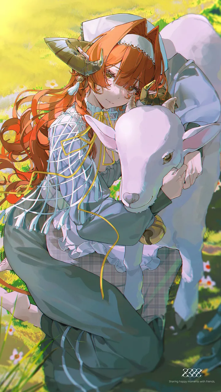 1girl,braid,ribbon,bangs,animal,solo,hairband,closed_mouth,sitting,hair_between_eyes,curled_horns,very_long_hair,outdoors,brown_eyes,orange_hair,day,white_flower,looking_at_viewer,vertical,smile,red_hair,green_dress,sheep,sheep_horns,frills,grass,barefoot,horns,hair_intakes,dress,long_hair,long_sleeves,shoes,flower,yellow_ribbon