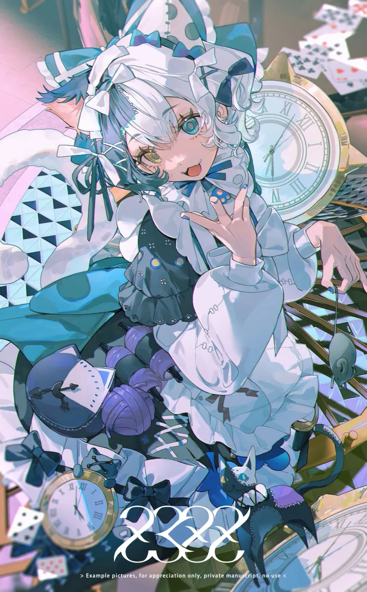 1girl,animal_ears,bangs,solo,apron,multicolored_hair,maid,maid_headdress,tail,open_mouth,nail_polish,clock,yarn,yarn_ball,cat,cat_girl,cat_tail,cat_ears,white_hair,looking_at_viewer,short_hair,vertical,smile,frills,blue_hair,blue_nails,blue_eyes,fang,bow,dress,long_sleeves