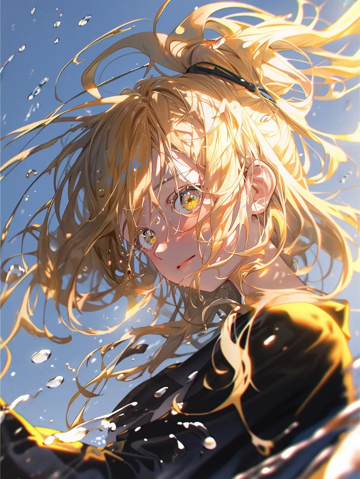 1girl,upper_body,bangs,solo,closed_mouth,sky,hair_ornament,water,water_drop,looking_at_viewer,vertical,blue_background,blonde_hair,long_hair,floating_hair,ponytail,yellow_eyes,black_jacket