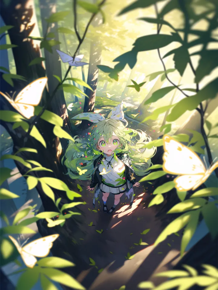 1girl,dappled_sunlight,ribbon,looking_up,from_above,bangs,blurry_foreground,solo,leaf,nature,hair_ribbon,hair_ornament,jacket,hair_between_eyes,open_mouth,very_long_hair,outdoors,depth_of_field,tree,forest,blurry,day,white_skirt,white_bow,white_shirt,pleated_skirt,looking_at_viewer,skirt,vertical,standing,smile,green_hair,green_eyes,bug,butterfly,bow,hair_bow,shirt,long_hair,long_sleeves,sunlight,shoes,black_footwear