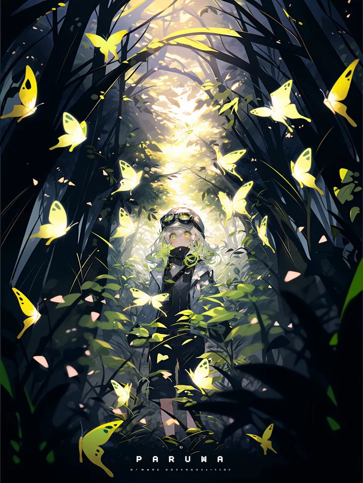 1girl,bangs,solo,nature,goggles_on_head,outdoors,goggles,tree,forest,plant,looking_at_viewer,vertical,standing,green_hair,green_eyes,bug,butterfly,long_hair,sunlight