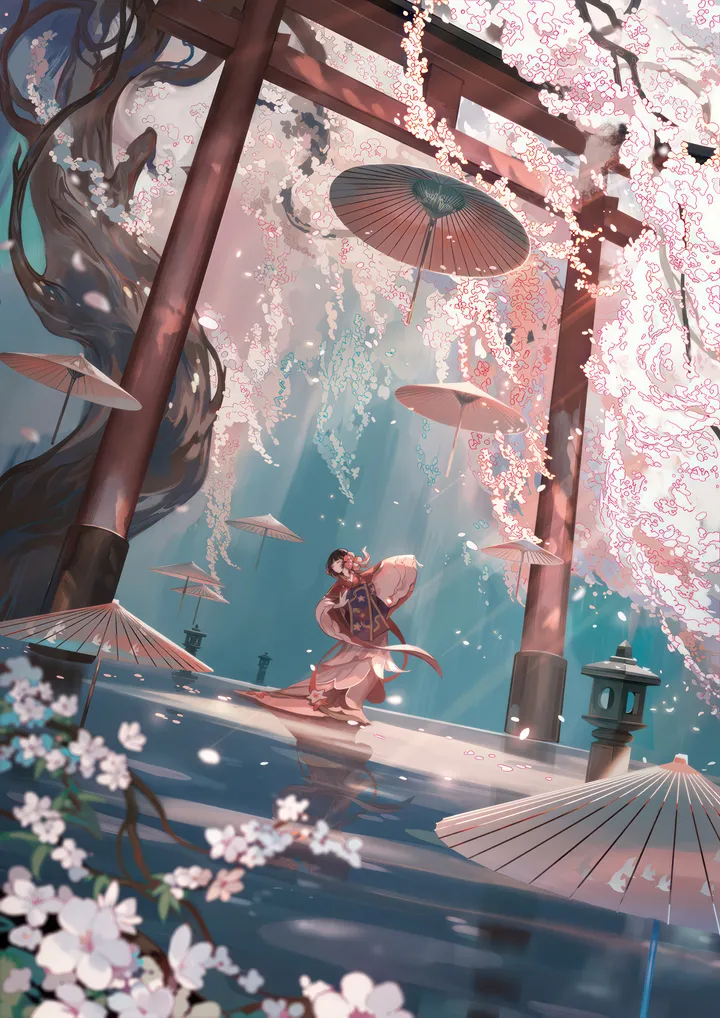 1girl,solo,reflection,kimono,wide_sleeves,wide_shot,outdoors,holding,holding_umbrella,japanese_clothes,tree,brown_hair,cherry_blossoms,water,oil-paper_umbrella,vertical,standing,petals,long_hair,long_sleeves,sunlight,umbrella,scenery,flower,torii