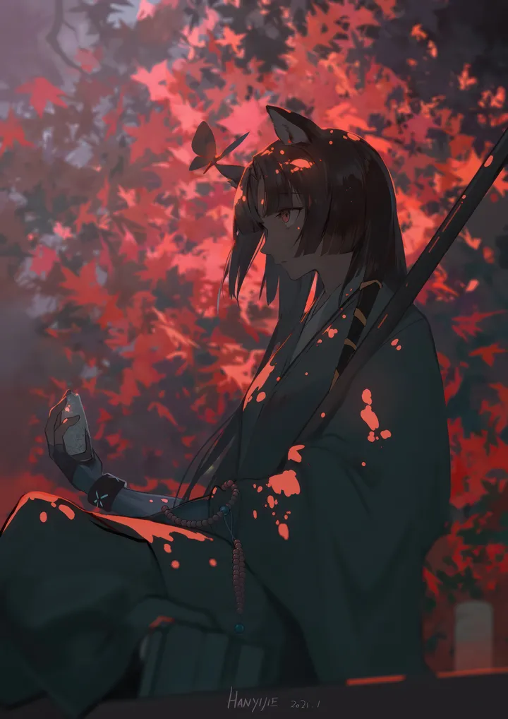 1girl,artist_name,from_side,profile,animal_ears,bangs,solo,leaf,kimono,sitting,wide_sleeves,outdoors,gloves,holding,fingerless_gloves,japanese_clothes,maple_leaf,weapon,dog_ears,beads,bottle,autumn_leaves,vertical,red_eyes,bug,butterfly,long_hair,long_sleeves,black_kimono,black_hair