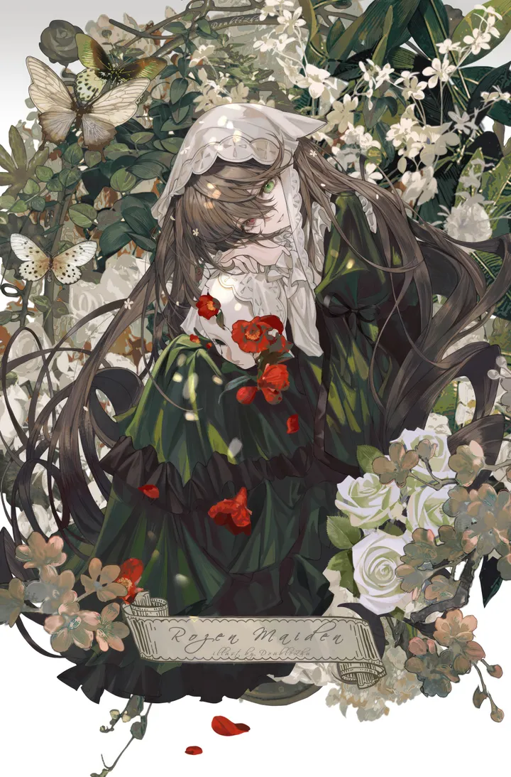 1girl,bangs,solo,leaf,sitting,hair_between_eyes,heterochromia,very_long_hair,juliet_sleeves,brown_hair,plant,lolita_fashion,rose,white_headwear,white_flower,looking_at_viewer,vertical,red_eyes,red_flower,green_eyes,green_dress,petals,frills,puffy_sleeves,bug,butterfly,dress,long_hair,long_sleeves,flower