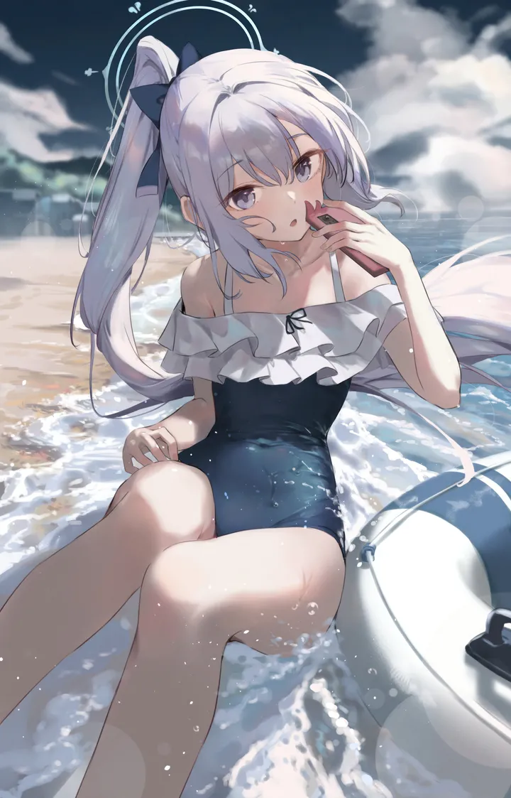 1girl,one-piece_swimsuit,cloud,bangs,solo,feet_out_of_frame,sitting,thighs,halo,sky,open_mouth,very_long_hair,parted_lips,outdoors,phone,holding_phone,holding,smartphone,water,innertube,swimsuit,ocean,beach,grey_hair,grey_eyes,white_hair,looking_at_viewer,cellphone,vertical,purple_eyes,frills,blue_one-piece_swimsuit,bow,hair_bow,wet,long_hair,bare_shoulders,ponytail