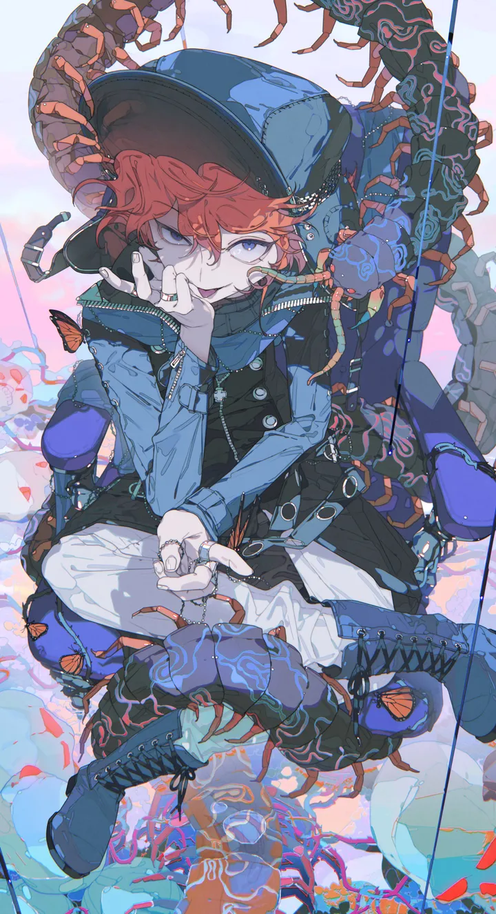 1girl,1boy,solo,tongue_out,sitting,hat,hair_between_eyes,open_mouth,zipper,orange_hair,male_focus,white_pants,looking_at_viewer,short_hair,vertical,smile,tongue,blue_eyes,pants,tentacles,long_sleeves,boots