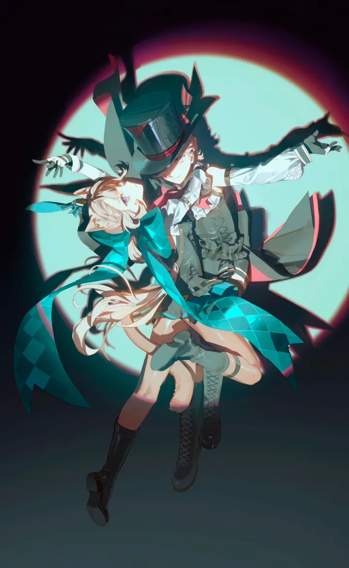 2girls,full_body,animal_ears,multiple_girls,tail,hat,gloves,brown_hair,coattails,tailcoat,white_shirt,looking_at_viewer,shorts,vertical,smile,lace-up_boots,blue_eyes,bow,shirt,socks,dancing,blonde_hair,long_hair,long_sleeves,boots,cross-laced_footwear,horse_girl,horse_tail,horse_ears,top_hat,black_headwear,black_gloves,black_footwear