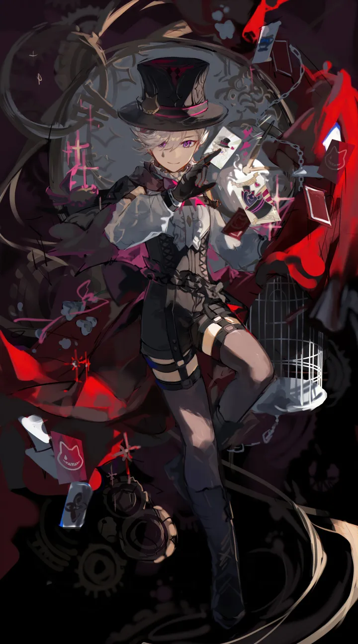 1girl,full_body,solo,card,tarot,hat,gloves,playing_card,cape,holding,corset,white_shirt,looking_at_viewer,short_hair,shorts,vertical,smile,cage,purple_eyes,puffy_sleeves,puffy_long_sleeves,shirt,thighhighs,long_sleeves,boots,top_hat,black_headwear,black_gloves,black_shorts,black_thighhighs,black_footwear,gears