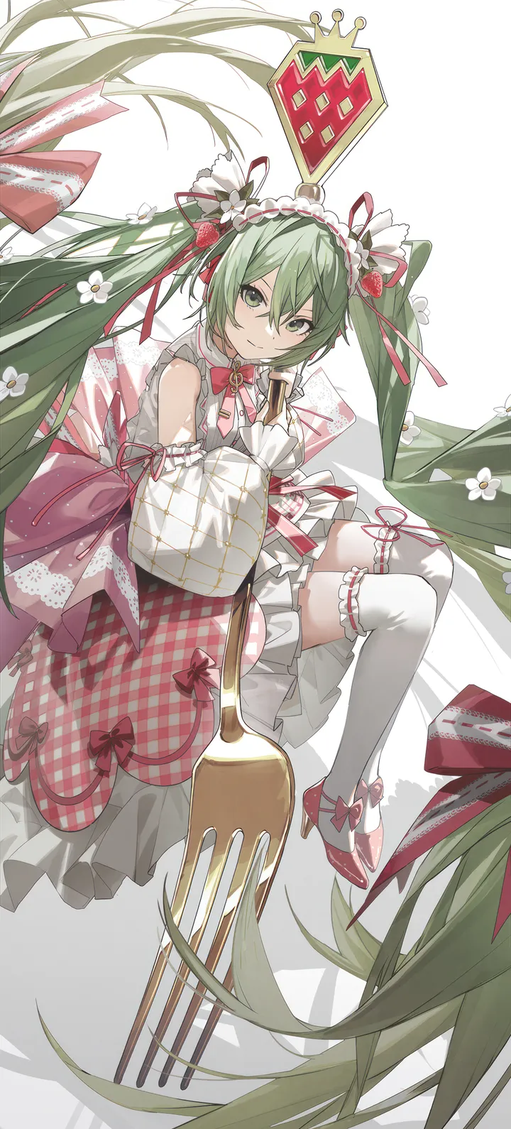 1girl,detached_sleeves,ribbon,full_body,bangs,solo,twintails,hairband,tongue_out,sitting,hair_flower,hair_ribbon,hair_ornament,frilled_thighhighs,hair_between_eyes,very_long_hair,holding,holding_fork,simple_background,plaid,fruit,white_background,white_thighhighs,looking_at_viewer,vertical,smile,pink_ribbon,pink_bow,pink_footwear,red_ribbon,red_bow,red_footwear,green_hair,green_eyes,frills,frilled_sleeves,frilled_dress,strawberry,strawberry_hair_ornament,puffy_sleeves,bow,absurdly_long_hair,oversized_object,thighhighs,dress,long_hair,long_sleeves,bare_shoulders,bowtie,food,food-themed_hair_ornament,fork,high_heels,flower