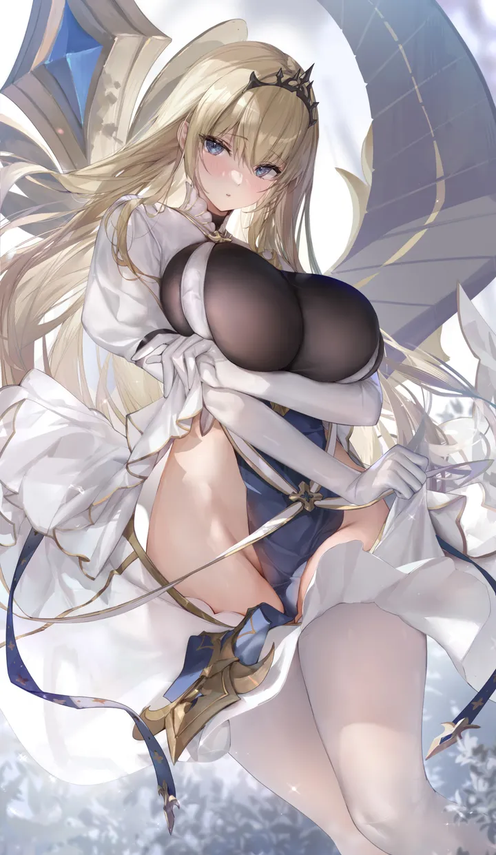 1girl,breasts,bangs,solo,thighs,parted_lips,gloves,arm_under_breasts,white_gloves,white_thighhighs,white_dress,tiara,looking_at_viewer,vertical,blush,blue_eyes,puffy_sleeves,large_breasts,thighhighs,dress,blonde_hair,long_hair,elbow_gloves,long_sleeves