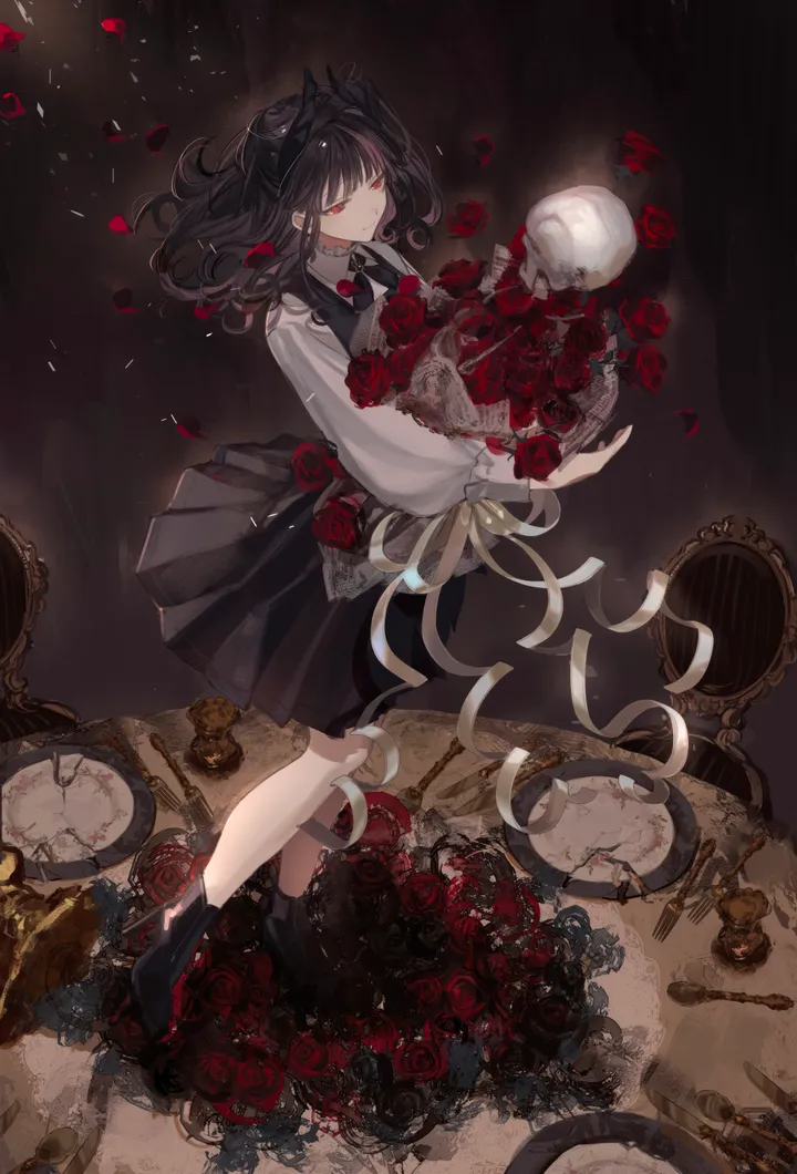 1girl,ribbon,full_body,bangs,solo,holding,collared_shirt,rose,white_shirt,skirt,vertical,standing,red_rose,red_eyes,red_flower,petals,shirt,mirror,long_hair,long_sleeves,boots,skull,flower,black_hair,black_skirt,black_footwear