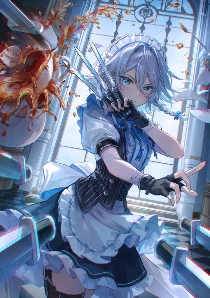 1girl,cowboy_shot,braid,ribbon,twin_braids,spilling,bangs,solo,closed_mouth,apron,maid,maid_apron,maid_headdress,waist_apron,indoors,knife,hair_between_eyes,gloves,holding_knife,holding,fingerless_gloves,clock,corset,cup,weapon,grey_hair,white_apron,white_hair,white_shirt,looking_at_viewer,short_hair,short_sleeves,skirt,window,vertical,standing,buttons,bandages,vest,frills,frilled_skirt,tea,teapot,teacup,blue_ribbon,blue_eyes,blue_bow,puffy_short_sleeves,puffy_sleeves,bow,shirt,thighhighs,dress,bowtie,black_gloves