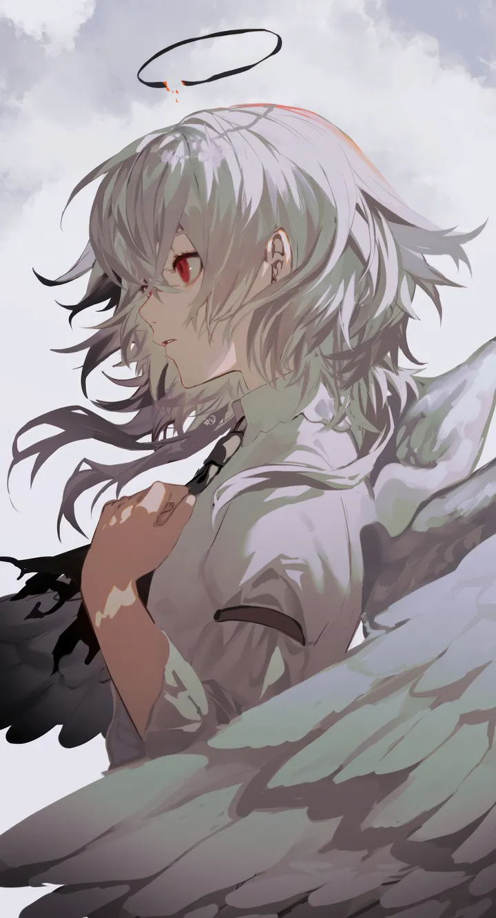 1girl,cloud,upper_body,from_side,profile,bangs,solo,angel,halo,angel_wings,hair_between_eyes,parted_lips,hand_on_own_chest,collared_shirt,simple_background,grey_hair,white_hair,white_background,white_shirt,vertical,red_eyes,feathered_wings,wings,shirt,long_hair,long_sleeves,necktie,black_necktie