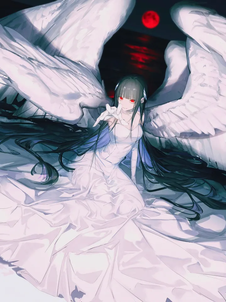 1girl,breasts,bangs,solo,sitting,night,angel_wings,very_long_hair,gloves,moon,full_moon,white_gloves,white_wings,white_flower,white_dress,blunt_bangs,looking_at_viewer,vertical,red_moon,red_eyes,feathered_wings,wings,absurdly_long_hair,dress,long_hair,elbow_gloves,long_dress,bare_shoulders,flower,black_hair