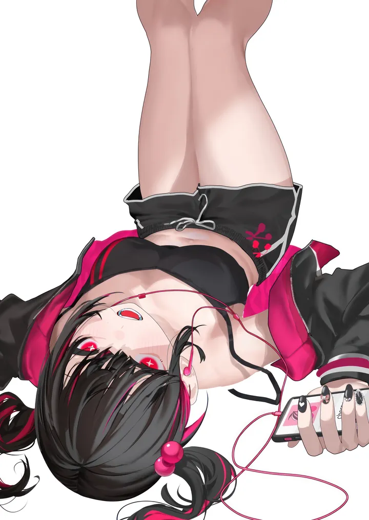 1girl,medium_breasts,breasts,on_back,upside-down,earbuds,bangs,solo,two-tone_hair,twintails,multicolored_hair,thighs,hair_ornament,hair_bobbles,jacket,camisole,open_mouth,phone,holding,nail_polish,streaked_hair,earphones,simple_background,dolphin_shorts,white_background,looking_at_viewer,shorts,cellphone,vertical,smile,pink_hair,pink_eyes,short_shorts,red_eyes,navel,blush,shirt,open_jacket,open_clothes,lying,long_sleeves,midriff,bare_shoulders,off_shoulder,black_hair,black_jacket,black_nails,black_shorts,black_shirt