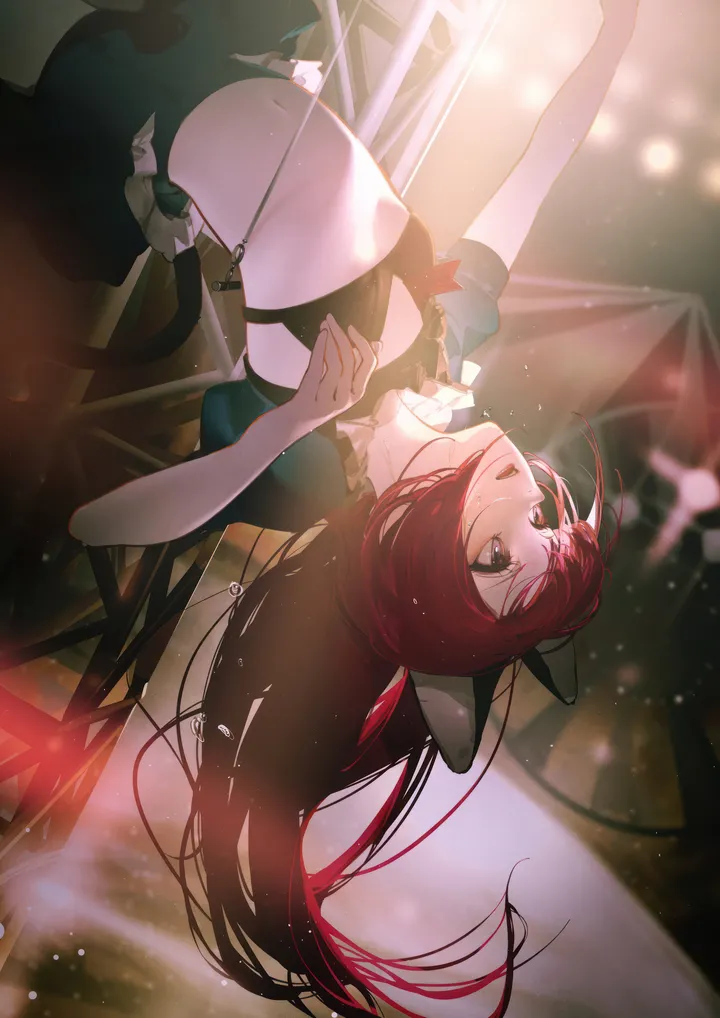 1girl,breasts,upside-down,light_particles,animal_ears,solo,stomach,tail,open_mouth,very_long_hair,brown_eyes,cat_tail,cat_ears,short_sleeves,skirt,vertical,red_hair,navel,bra,puffy_sleeves,pole_dancing,long_hair,midriff,floating_hair