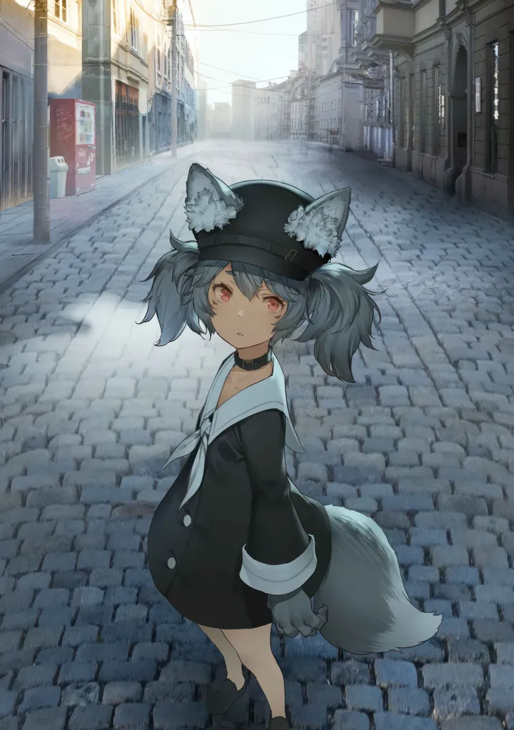 1girl,animal_ears,bangs,solo,twintails,closed_mouth,city,tail,hat,building,outdoors,gloves,grey_hair,fox_tail,wolf_tail,wolf_ears,power_lines,day,looking_at_viewer,vertical,standing,red_eyes,animal_ear_fluff,street,road,dress,long_sleeves,shoes,choker,collar,black_headwear,black_footwear