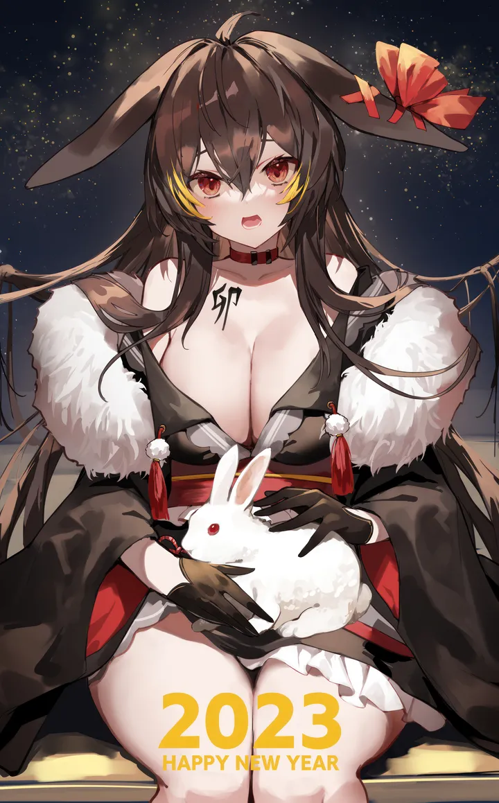 1girl,ribbon,breasts,cleavage,crossed_bangs,rabbit,rabbit_ears,animal_ears,bangs,animal,solo,feet_out_of_frame,ahoge,kimono,obi,on_lap,sitting,multicolored_hair,night,night_sky,thighs,sky,wide_sleeves,hair_between_eyes,open_mouth,gloves,streaked_hair,new_year,happy_new_year,japanese_clothes,sash,star_sky,starry_sky,brown_hair,fur_trim,tassel,looking_at_viewer,vertical,red_ribbon,red_eyes,red_choker,blush,animal_on_lap,body_writing,large_breasts,blonde_hair,collarbone,long_hair,long_sleeves,bare_shoulders,off_shoulder,choker,black_kimono,black_gloves