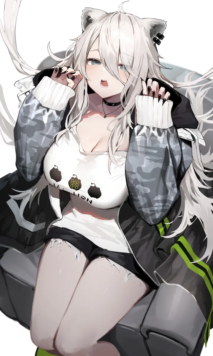 1girl,virtual_youtuber,breasts,cleavage,animal_ears,bangs,solo,hands_up,ahoge,claw_pose,sitting,fangs,jacket,hair_between_eyes,open_mouth,nail_polish,grey_hair,grey_eyes,lion_girl,lion_ears,white_background,white_shirt,looking_at_viewer,shorts,piercing,ear_piercing,vertical,short_shorts,shirt,sleeves_past_wrists,open_jacket,open_clothes,large_breasts,long_hair,long_sleeves,choker,black_jacket,black_nails,black_shorts,black_choker